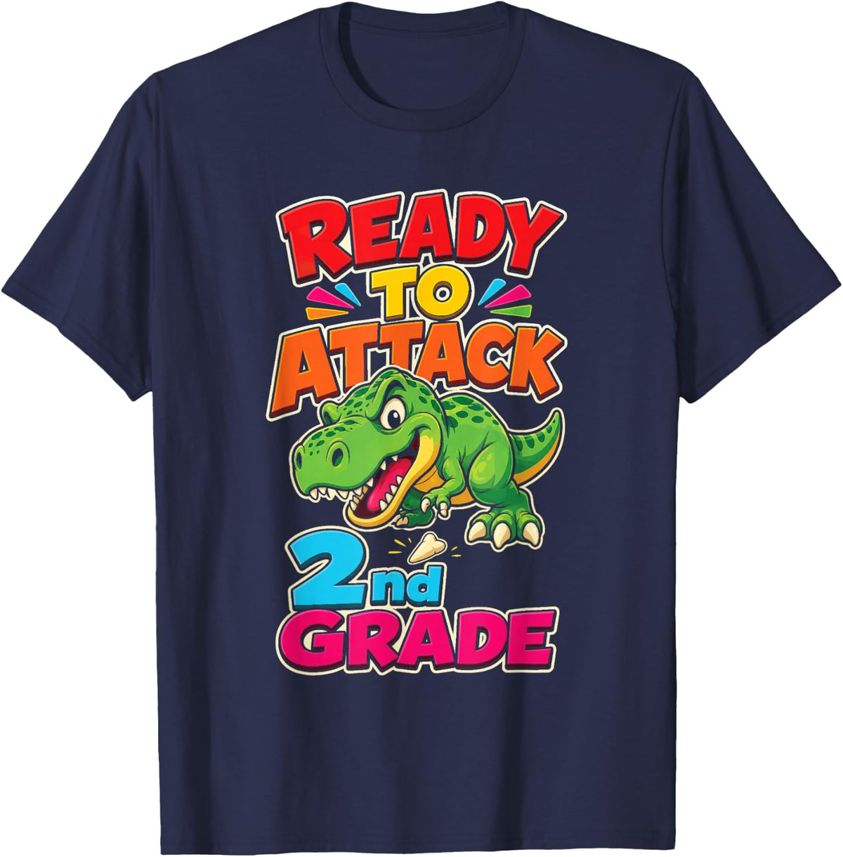 2nd Grade Ready to Attack Dino T Rex Elementary School T-Shirt - Navy Blue