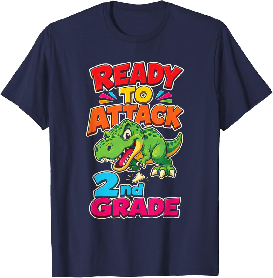 2nd Grade Ready to Attack Dino T Rex Elementary School T-Shirt - Navy Blue