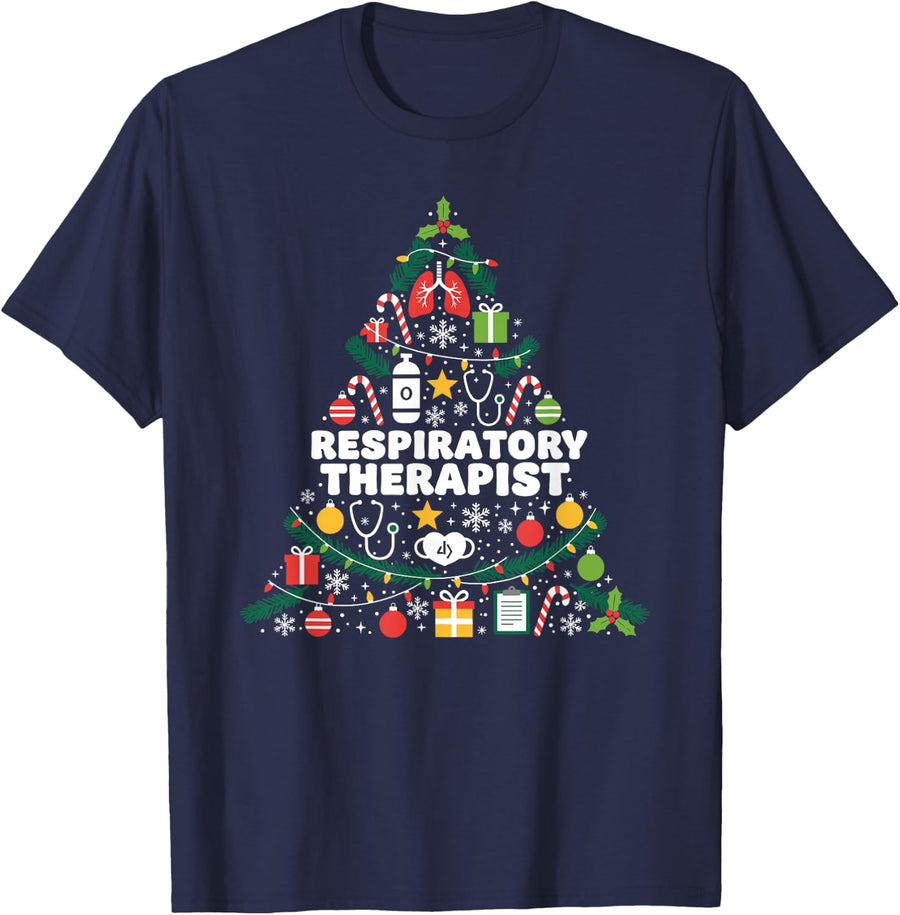 Respiratory Therapist Christmas Tree Lights Womens Mens T-Shirt - Navy Blue