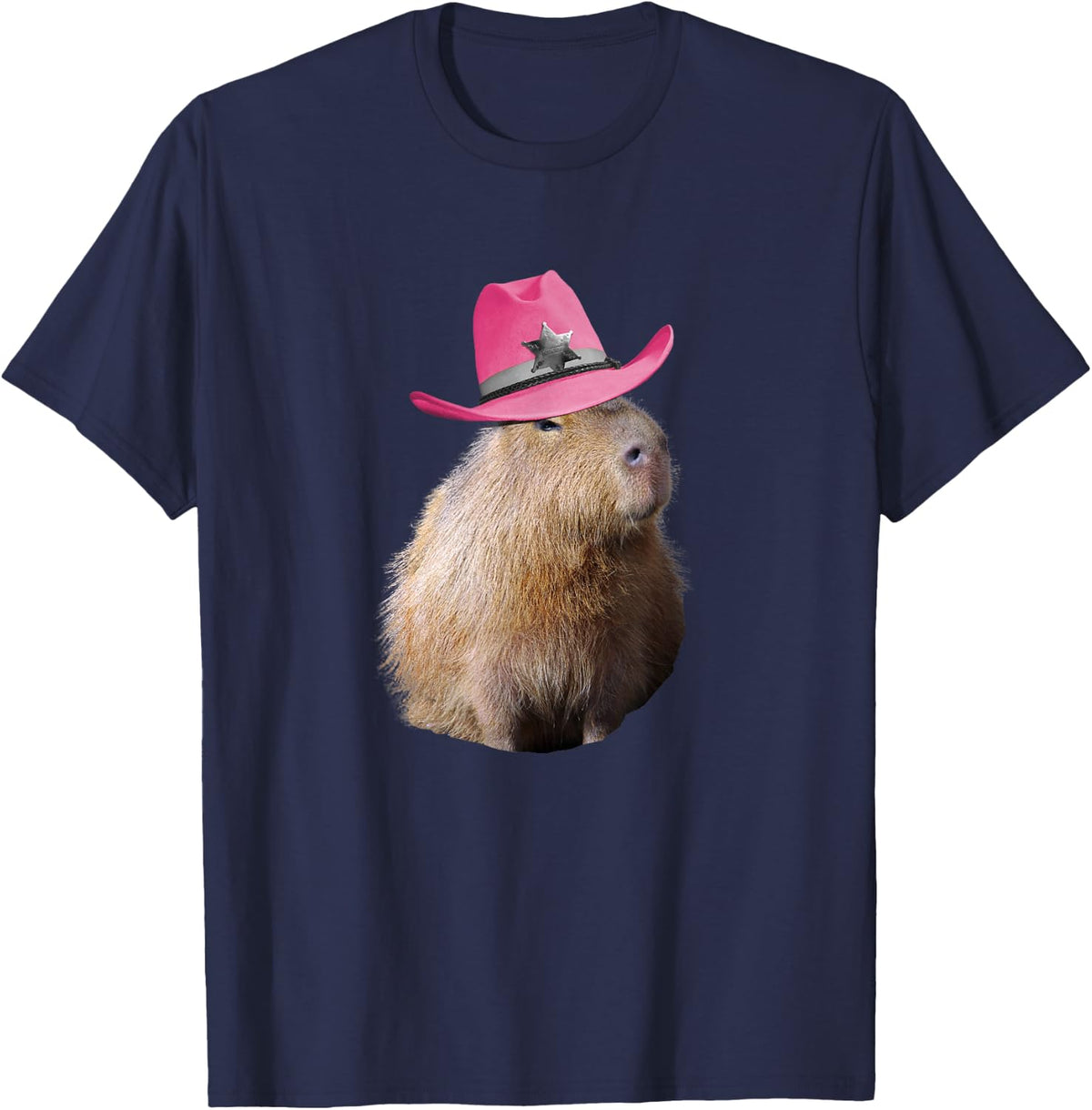 Random Galaxy Boys Unisex Capybara Pink Cowboy Hat Funny Cute T-Shirt - Navy Blue