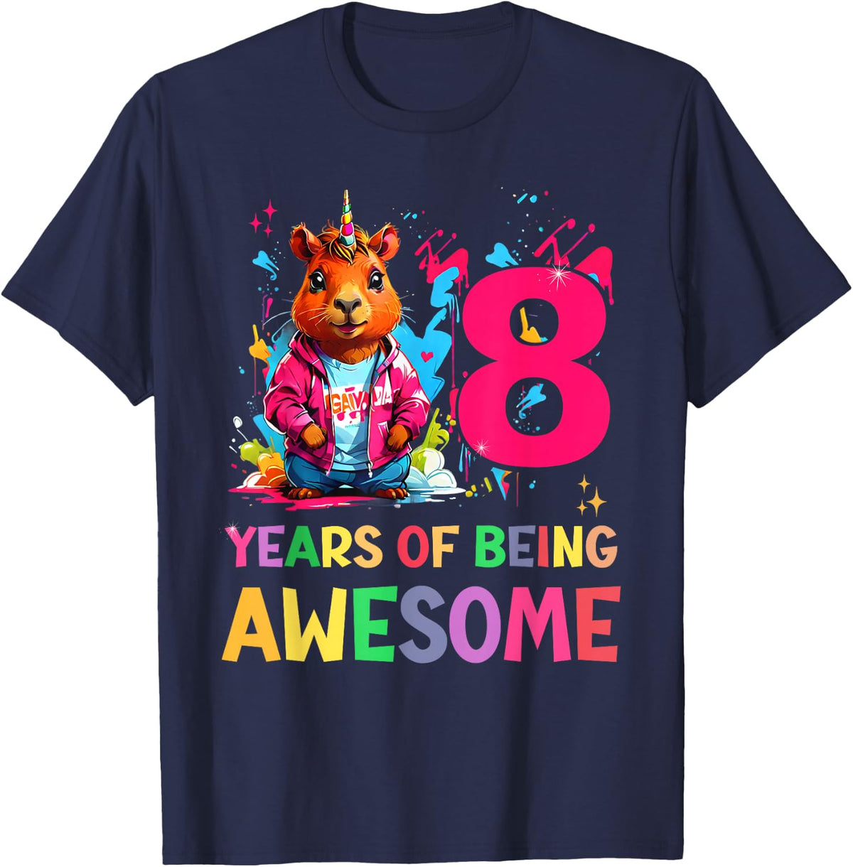 awesome capybara cappy birthday 8 year old Girls 8th B-day T-Shirt - Navy Blue