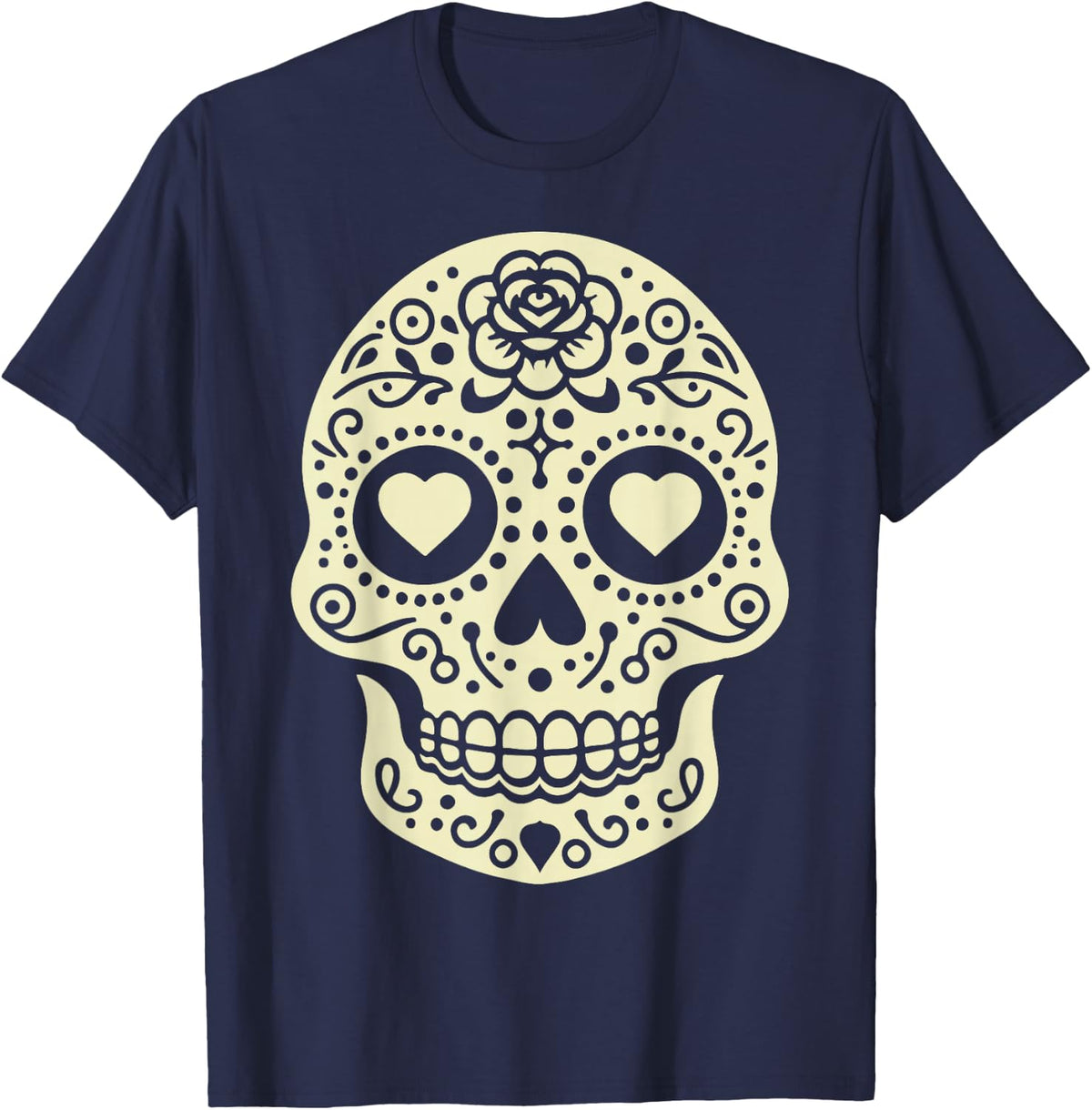 Valentine's Day Sugar Skull Hearts Love T-Shirt - Navy Blue
