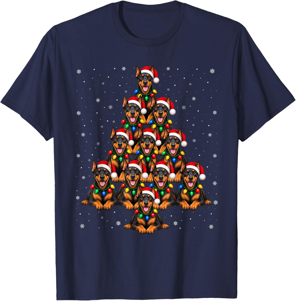 Doberman Pinscher Christmas Tree Snowflake Santa Hat Dog T-Shirt - Navy Blue