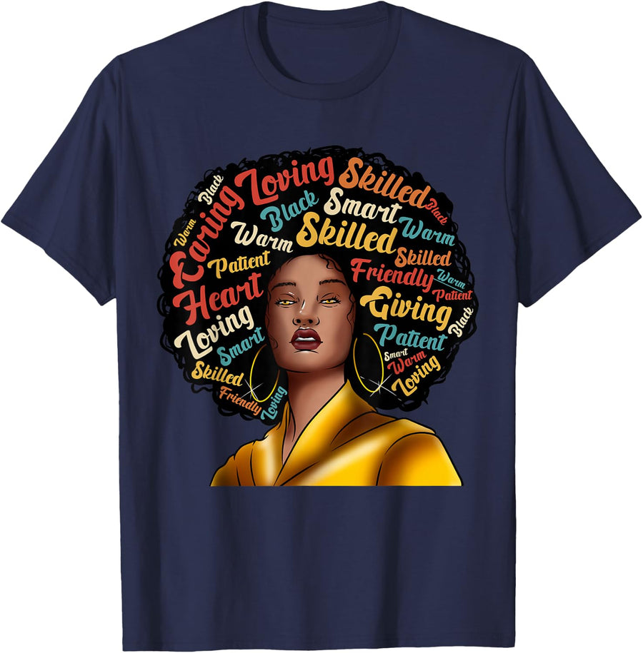 Black Queen Melanin Afrocentric Pride Natural Hair T-Shirt - Navy Blue