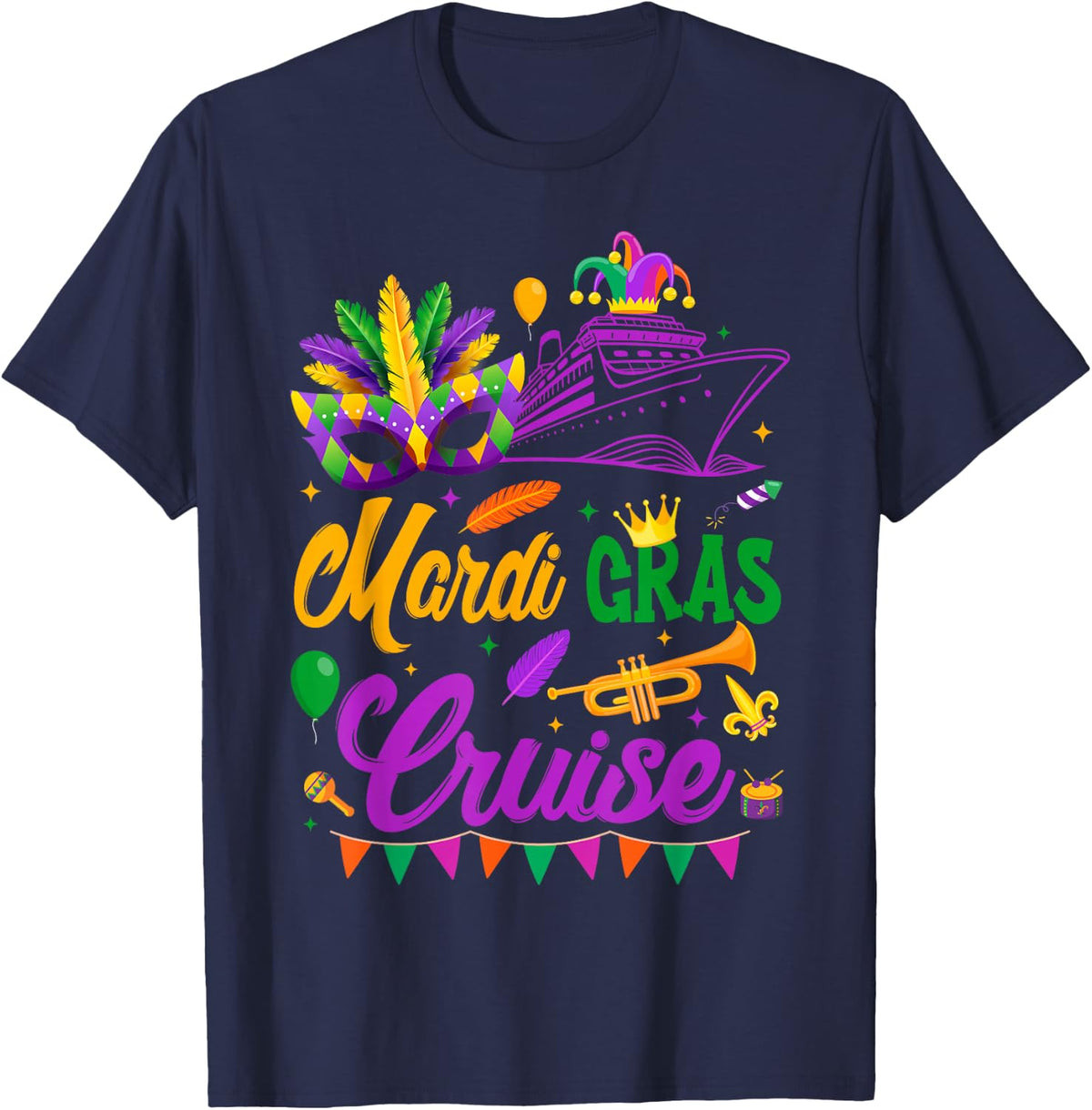 Mardi Gras Cruise Ship Mask Family Matching T-Shirt - Navy Blue