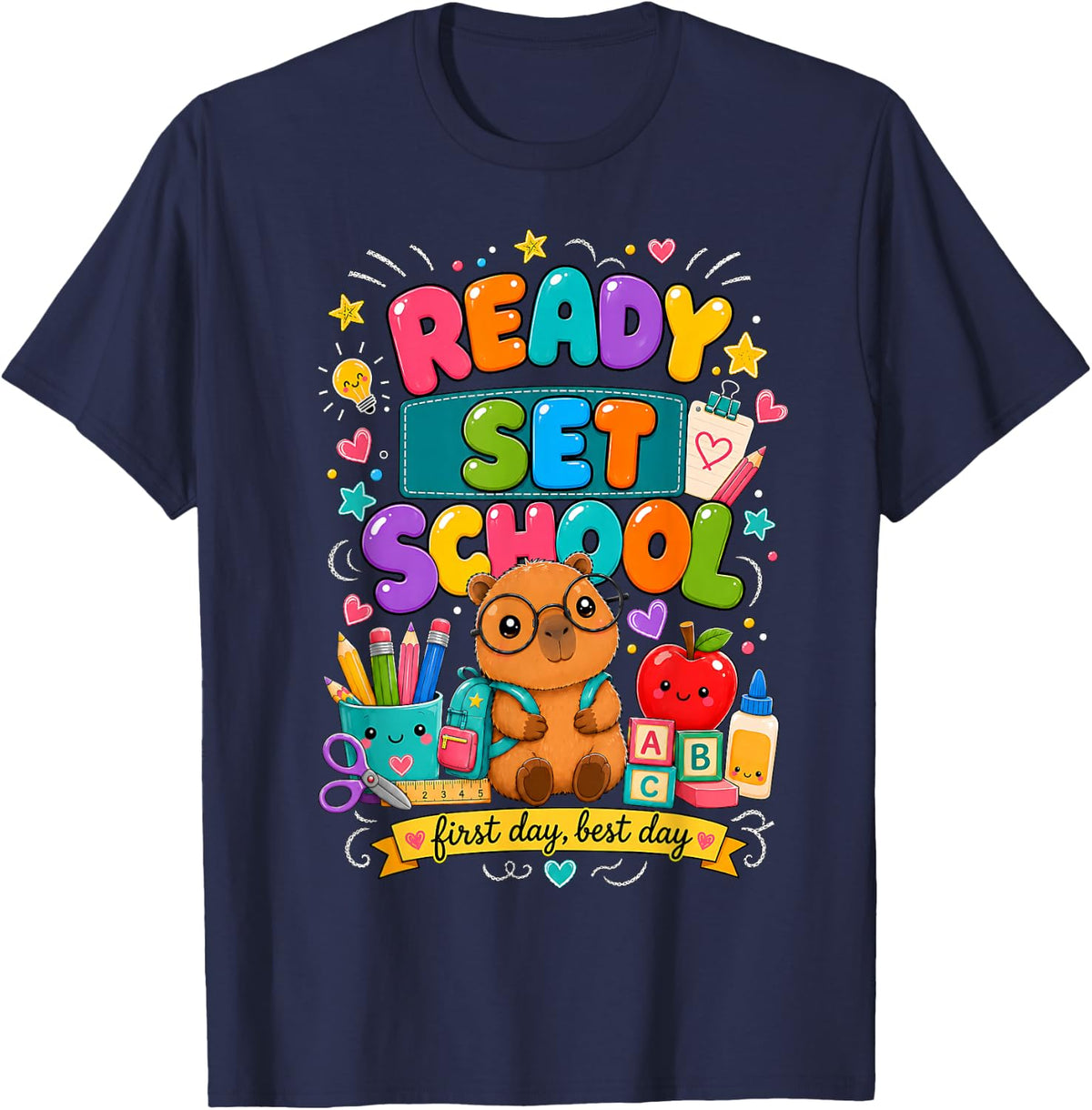 Capybara First Day Student School Supplies Back to School T-Shirt - Navy Blue