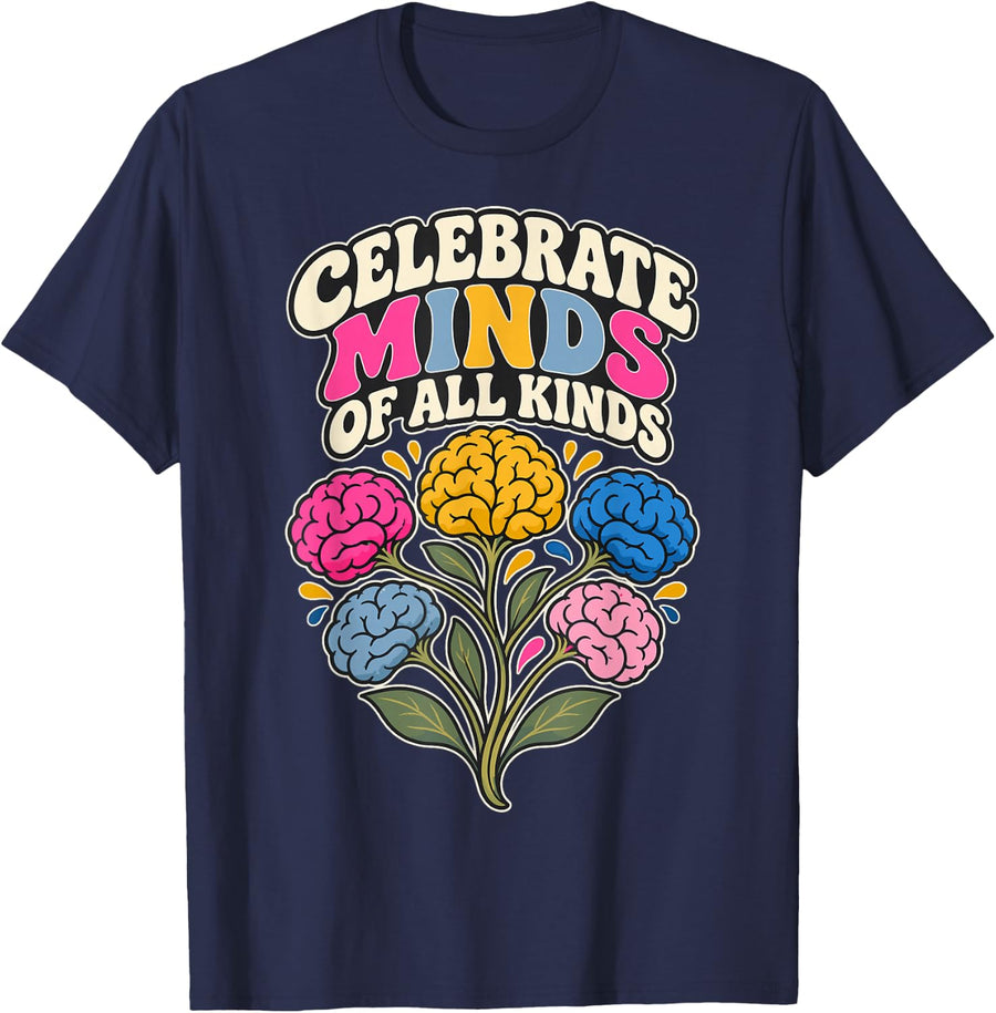 Celebrate Minds of All Kinds Brain Flowers Diversity T-Shirt - Navy Blue