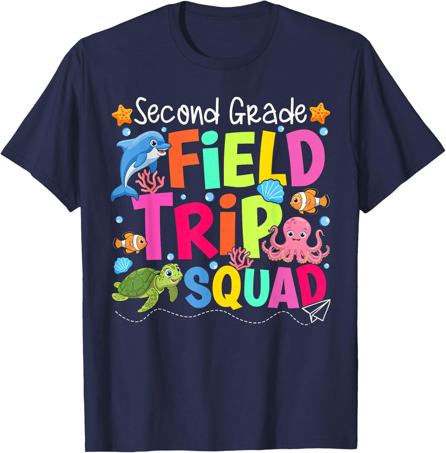 Field Trip Squad Second Grade Underwater Sea Life Aquarium T-Shirt Tees for Kids and Teachers - Navy Blue