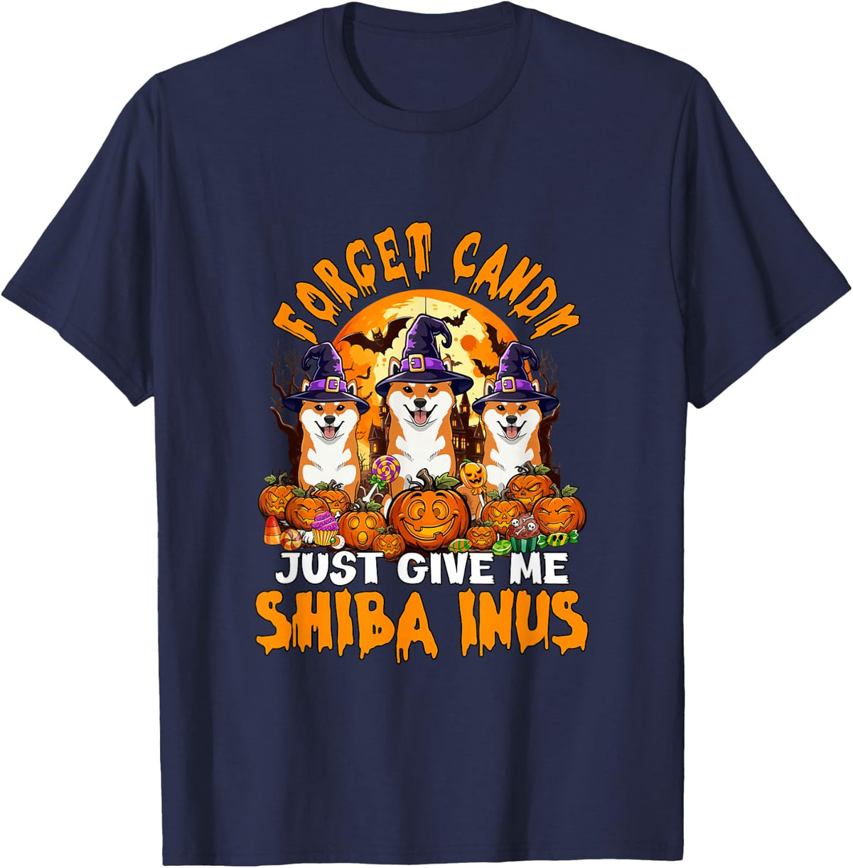 Forget Candy Give Me Shiba Inus Halloween Cosplay Witch T-Shirt - Navy Blue