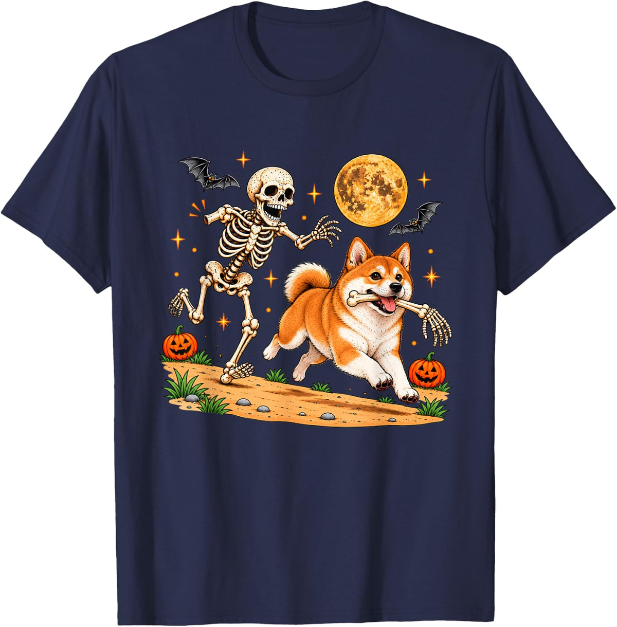Funny Skeleton Chasing Shiba Inu Halloween Dog Mom Pet Lover T-Shirt - Navy Blue