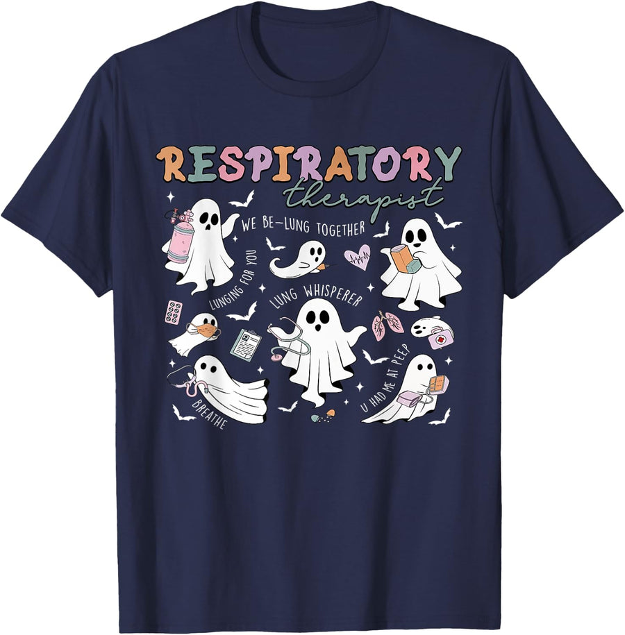 Respiratory Therapist Ghost Spooky Halloween Lung Squad RT T-Shirt - Navy Blue