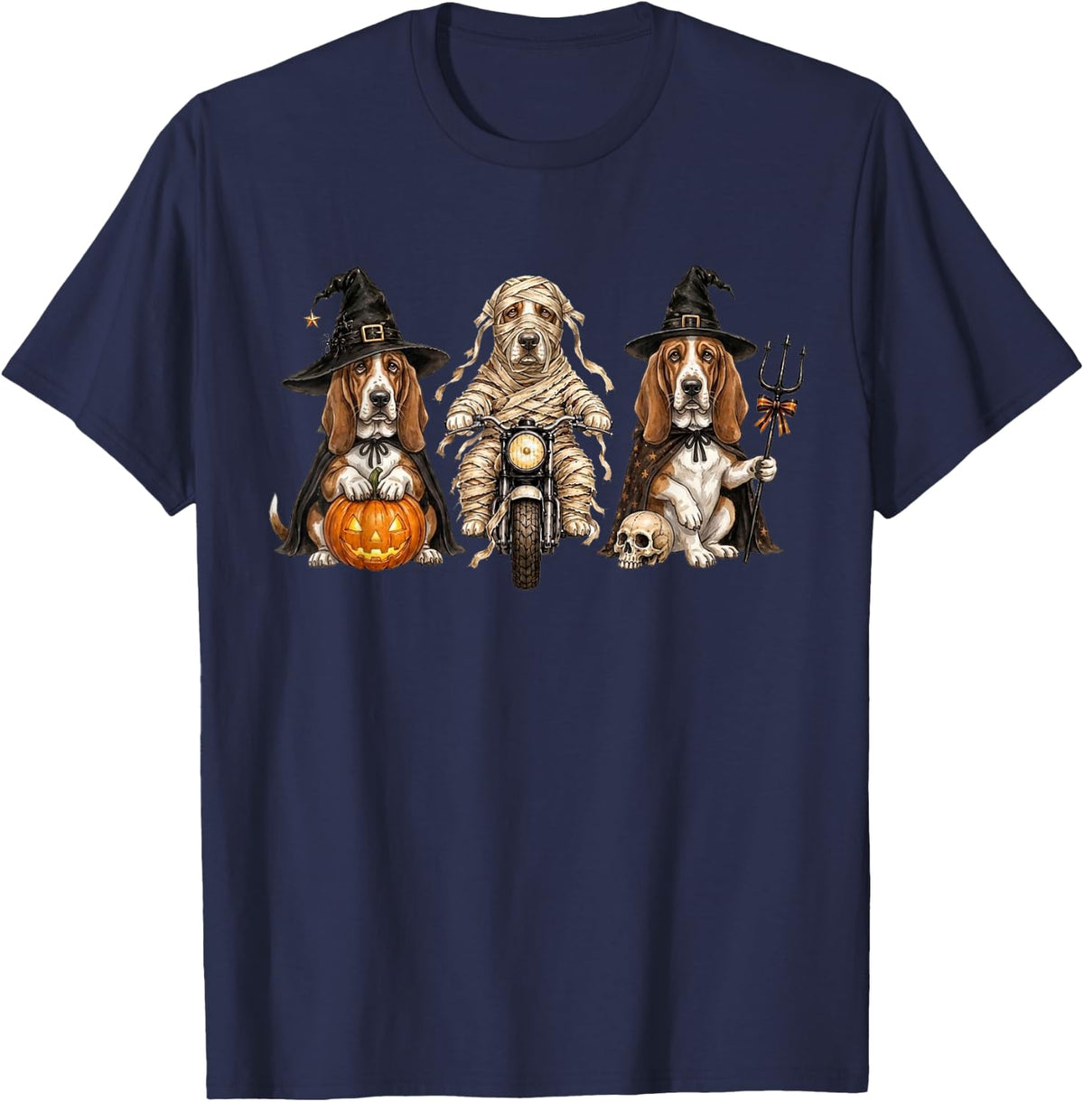 Cute Halloween Basset Hound Dog Pumpkin Ghost and Witch T-Shirt - Navy Blue