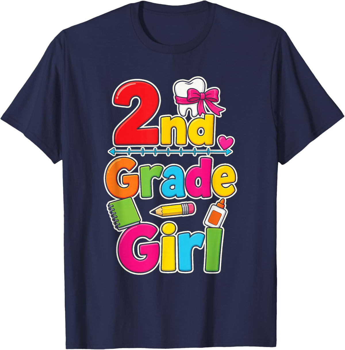 2nd Grade Girl First Day Hearts Bows Lost Tooth Kids T-Shirt - Navy Blue