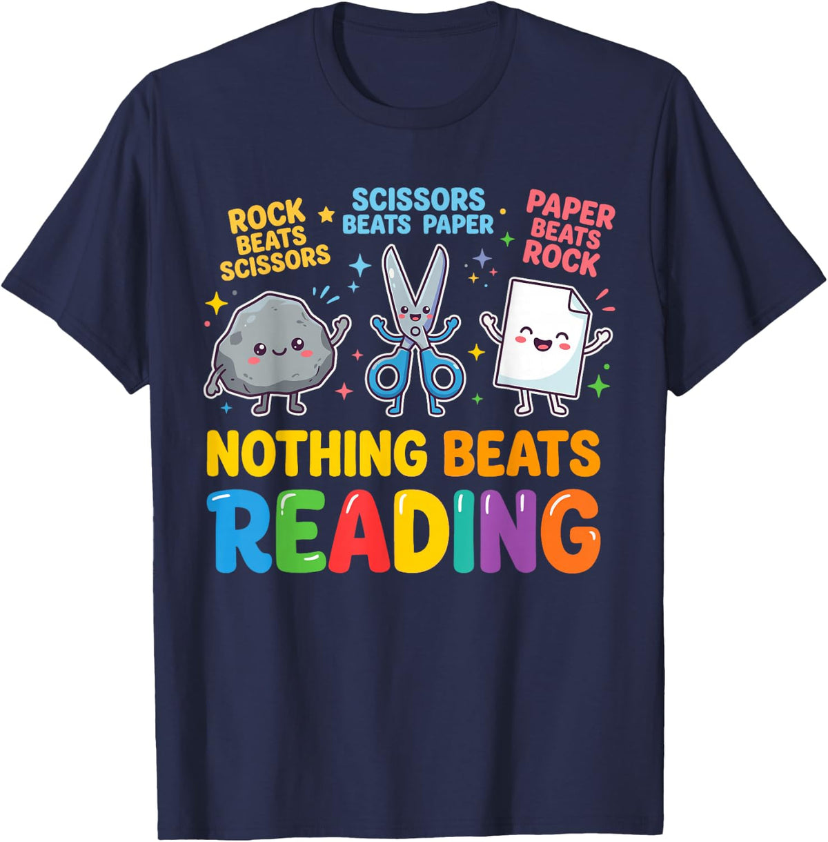 Nothing Beats Reading Rock Paper Scissors Reading Month T-Shirt - Navy Blue