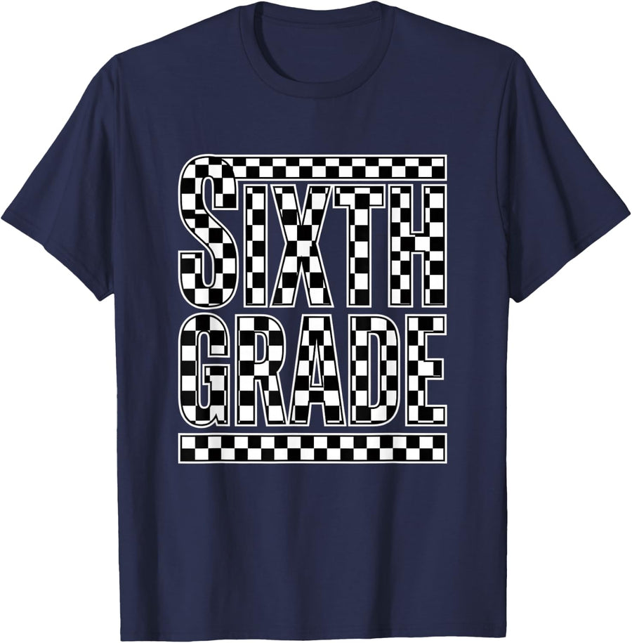 Sixth Grade Back to School Checkered Kids Student T-Shirt - Navy Blue