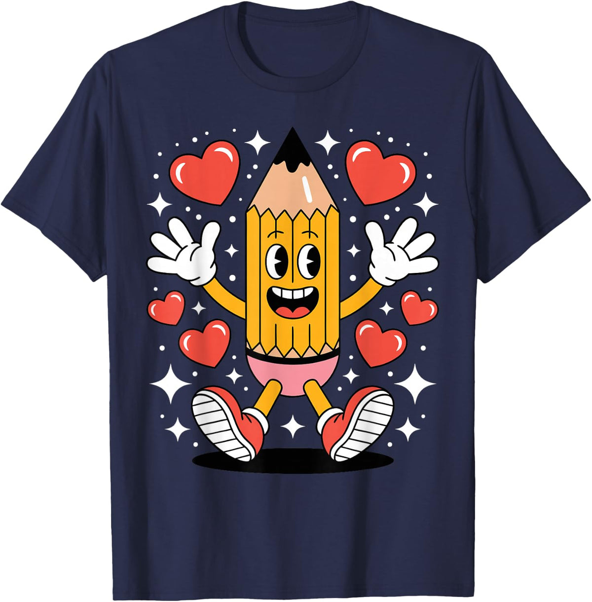 Retro Teacher Cartoon Pencil Teaching T-Shirt - Navy Blue