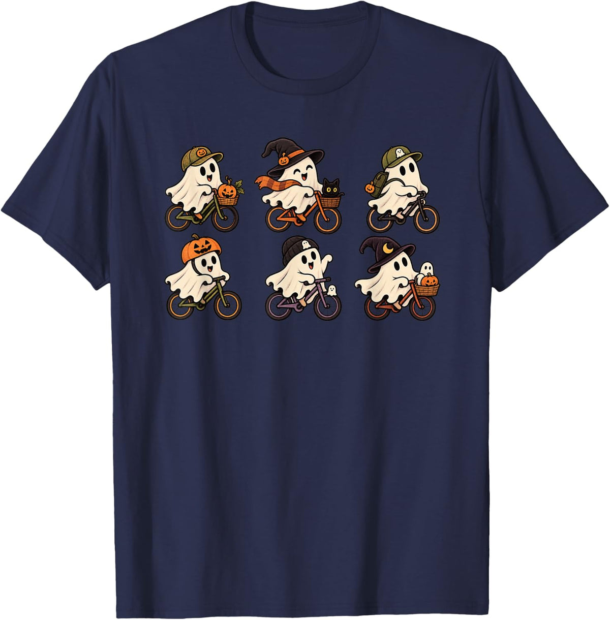 Cute Cycling Ghosts Funny Bicycle Lover Cyclist Halloween T-Shirt - Navy Blue