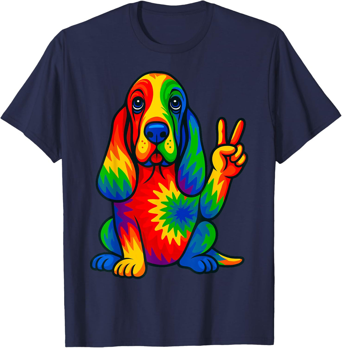 Tie-Dye Basset Hound Hippie T-Shirt - Navy Blue