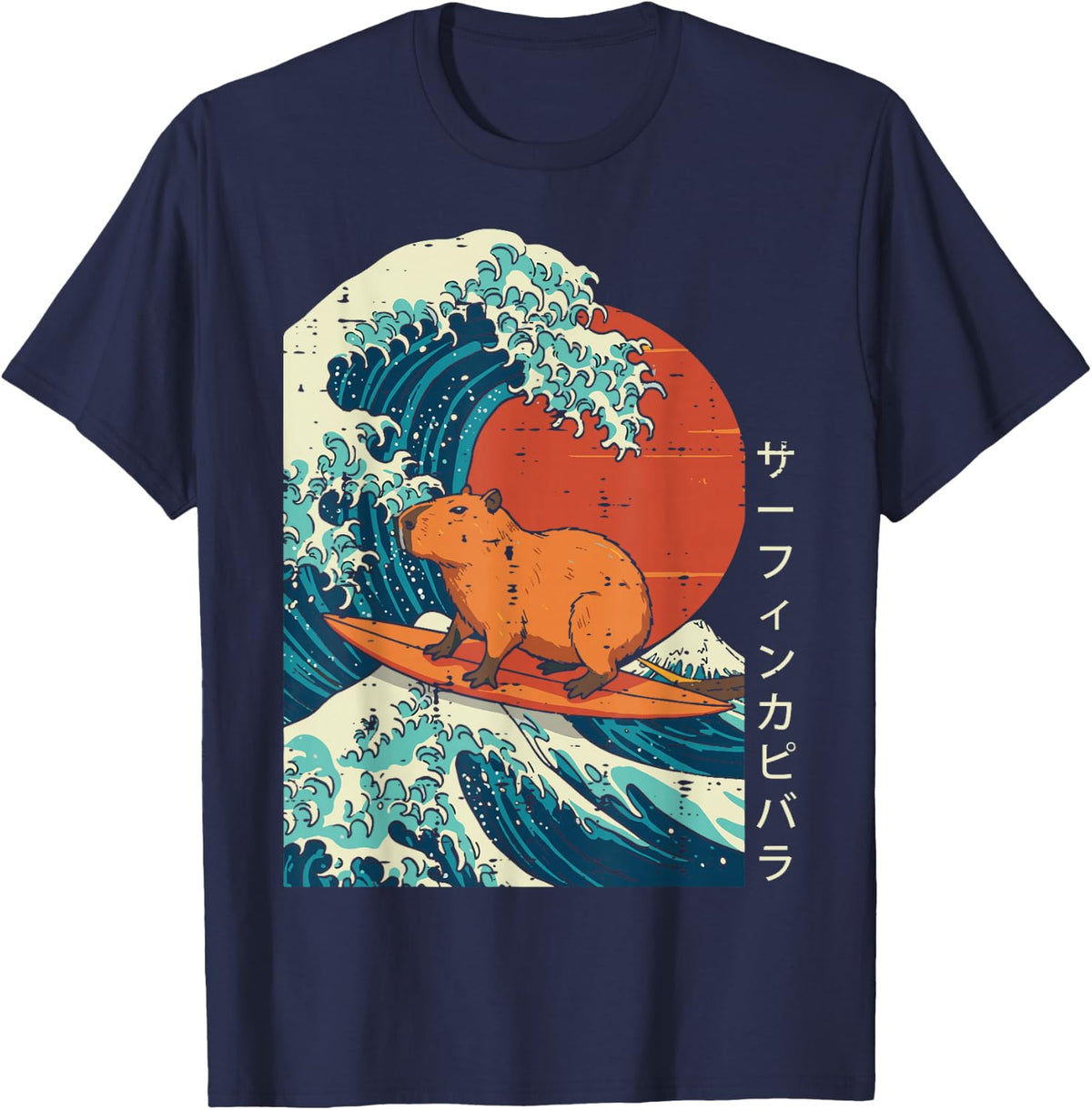 Great Wave Capybara Surfing Meme T-Shirt Japanese Art Tees for Men Women Kids - Navy Blue