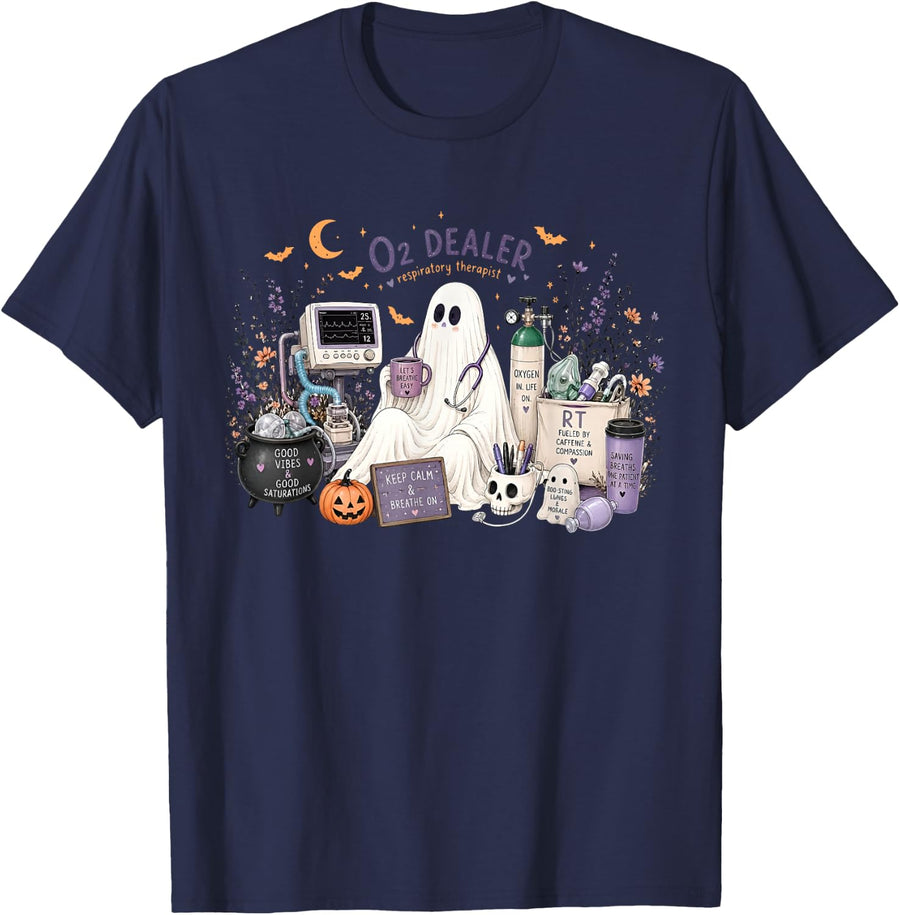 Respiratory Therapist O2 Dealer Ghost RT Nurse Halloween T-Shirt - Navy Blue