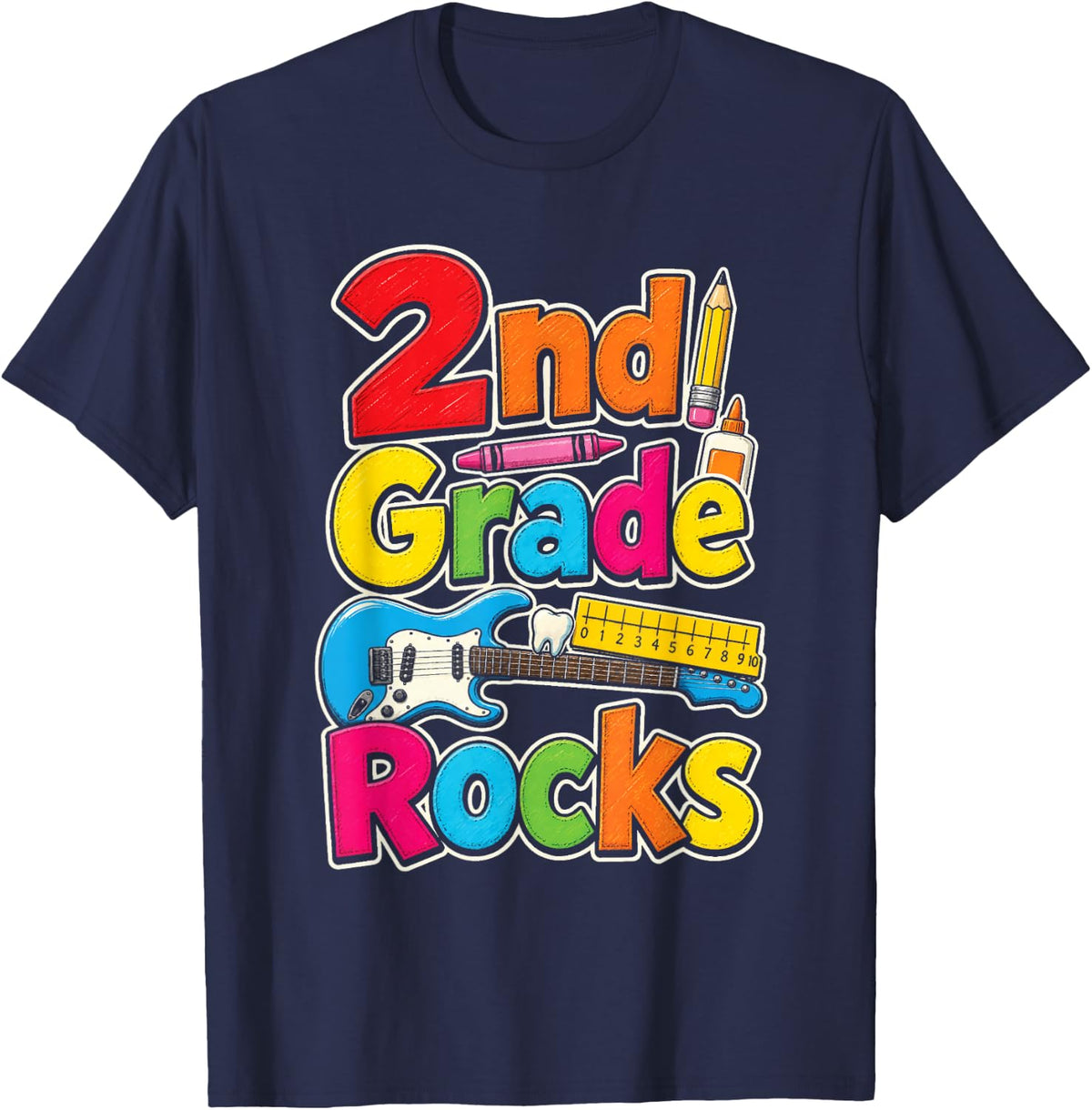 2nd Grade Rocks Second Elementary First Day Guitar Kids T-Shirt - Navy Blue