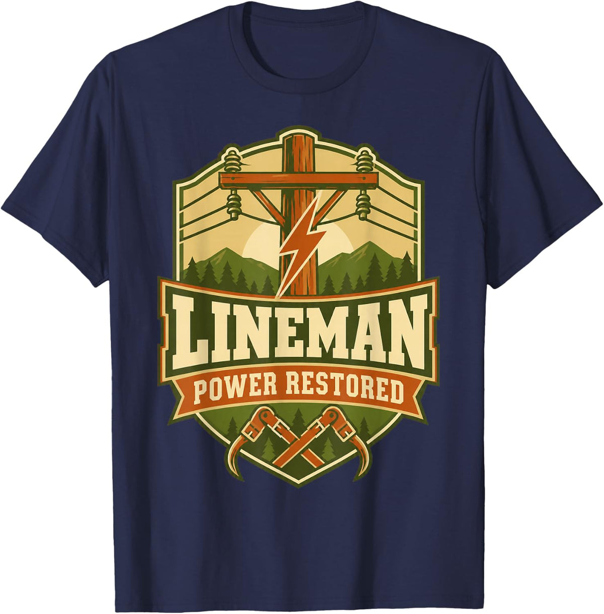 Lineman Power Restored Workwear Badge Gift T-Shirt - Navy Blue