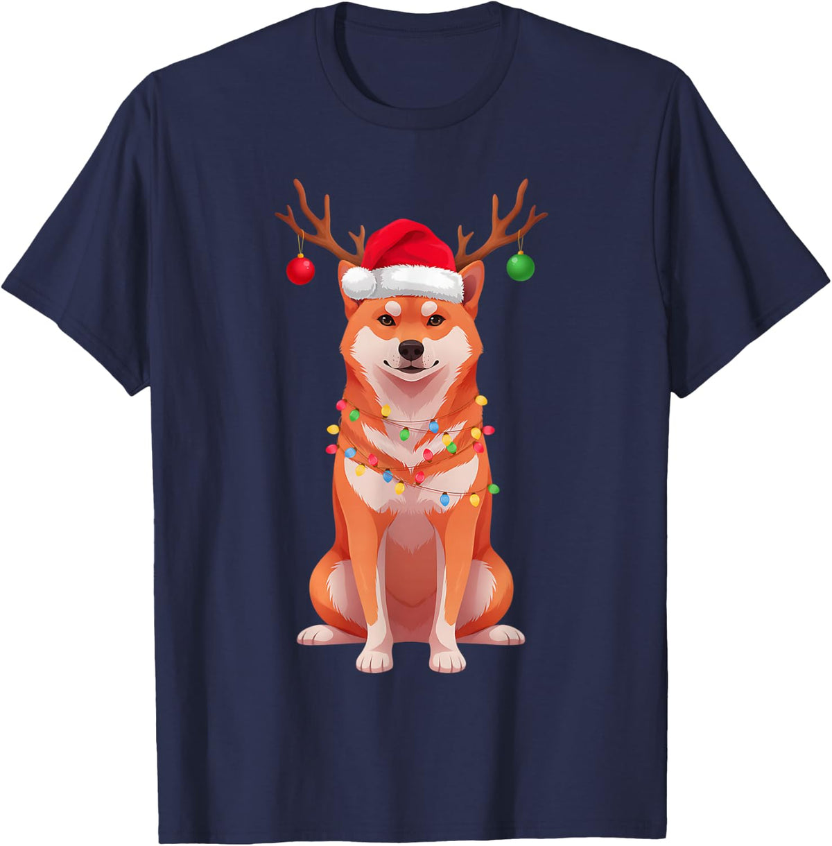 Shiba Inu Santa Hat Reindeer Ornaments Dog Mom Dad T-Shirt - Navy Blue
