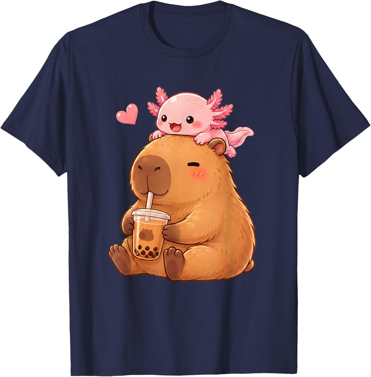 Cute Capybara and Axolotl Bubble Tea Boba Girls Japan Anime T-Shirt - Navy Blue