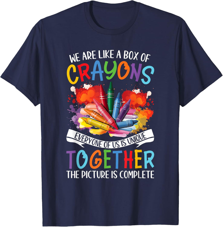 We Are Like A Box of Crayons Teacher Student Back to School T-Shirt - Navy Blue
