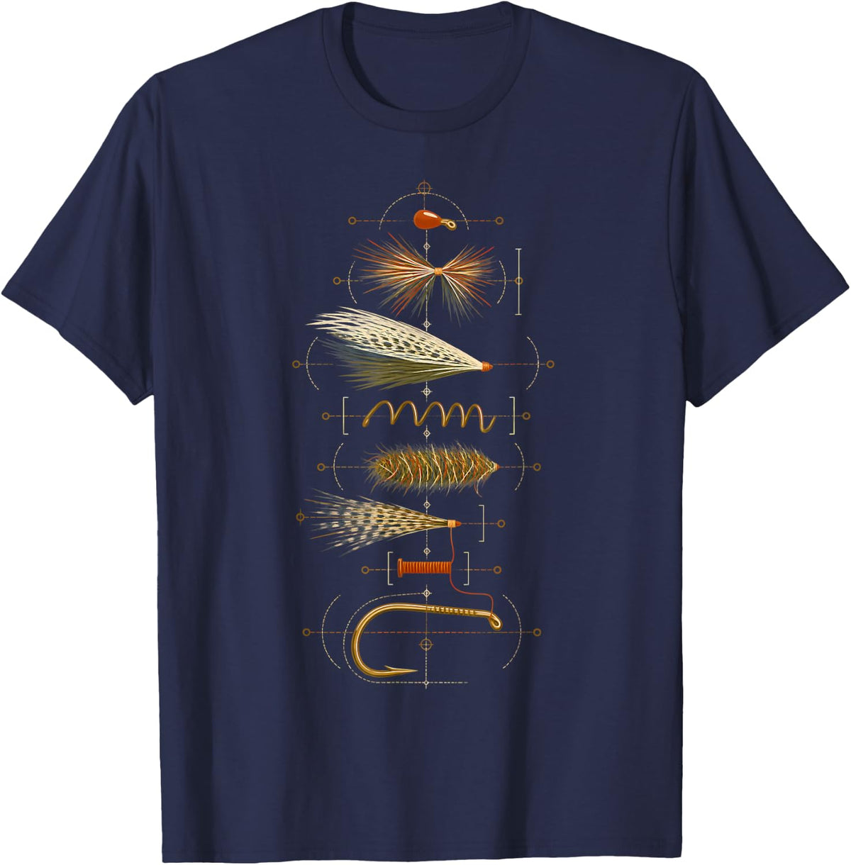 Fishing Fly Anatomy Exploded View Fly Tying Diagram T-Shirt - Navy Blue