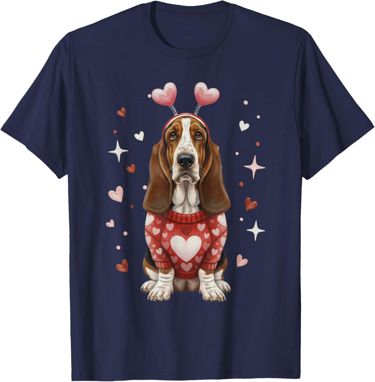 Cute Basset Hound Valentine Heart Valentines Day T-Shirt - Navy Blue