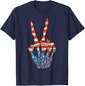 Skeleton Hand Peace Sign US Flag 4th Of July Patriotic T-Shirt - Navy Blue