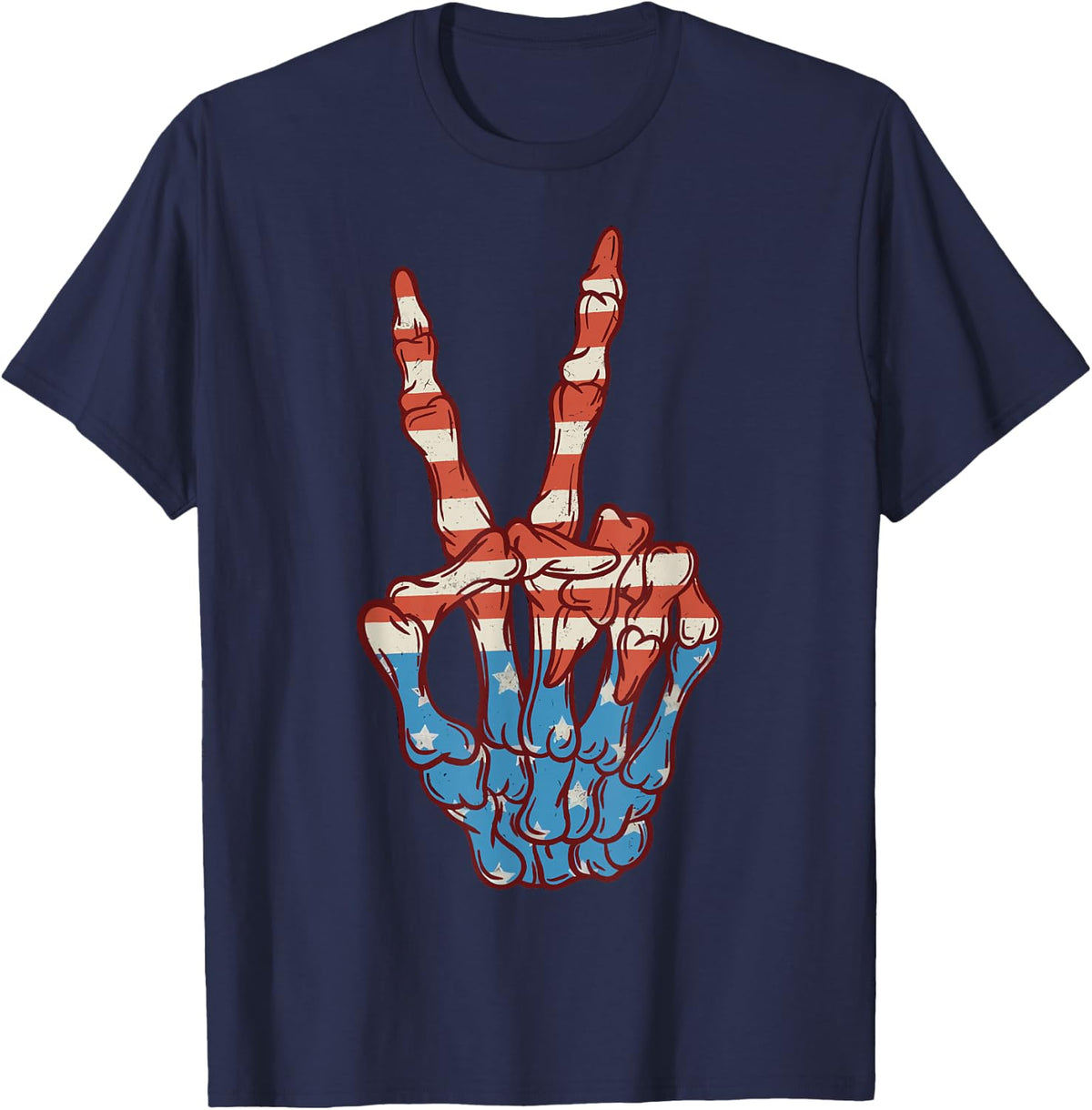 Skeleton Hand Peace Sign US Flag 4th Of July Patriotic T-Shirt - Navy Blue
