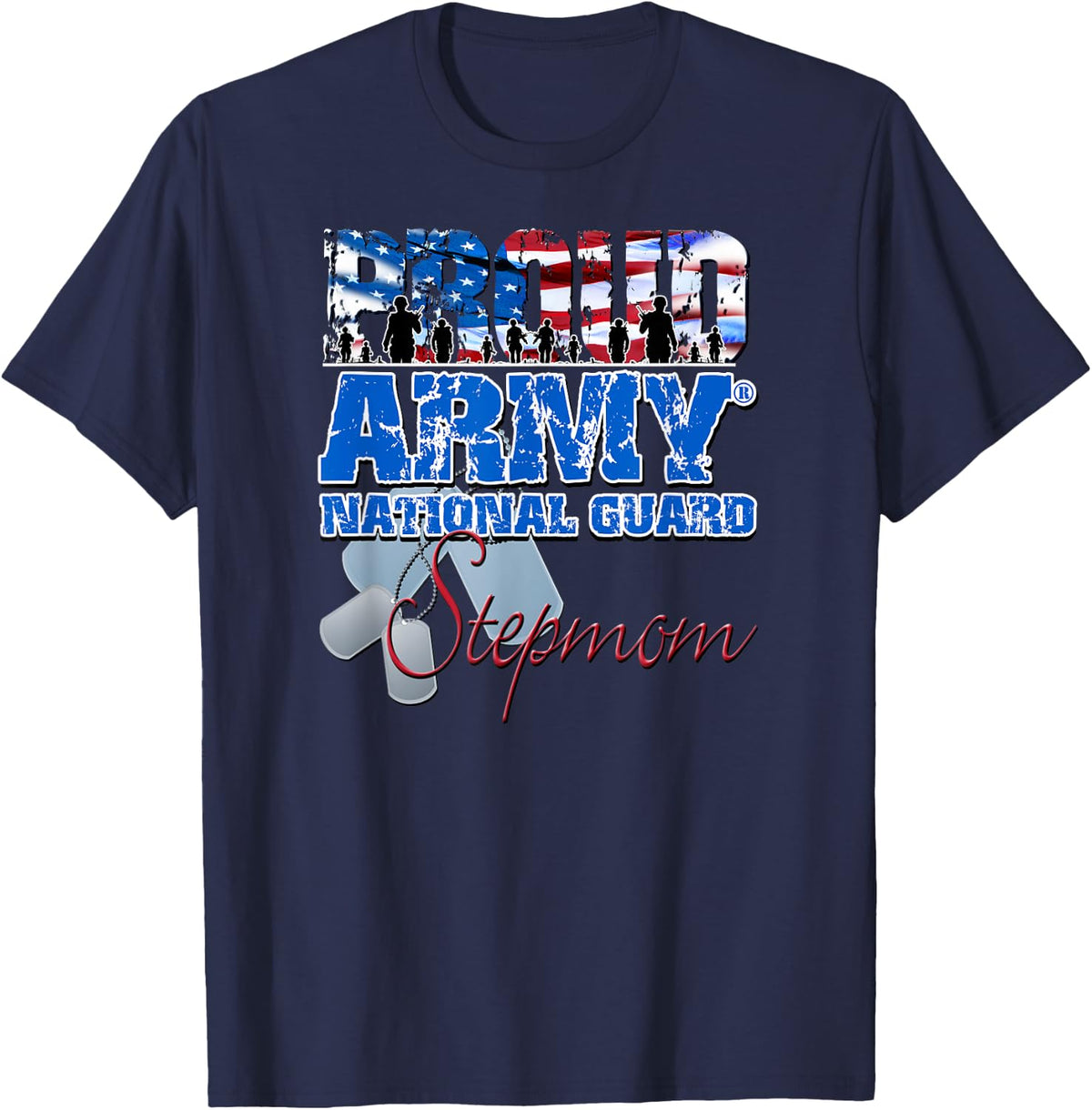 Proud Army National Guard Stepmom USA Flag Shirt Mothers Day T-Shirt for Women Kids Men - Navy Blue