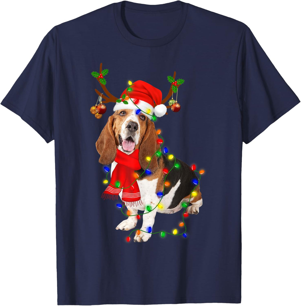 Basset Hound Christmas Light Merry Christmas Winter Gift T-Shirt - Navy Blue