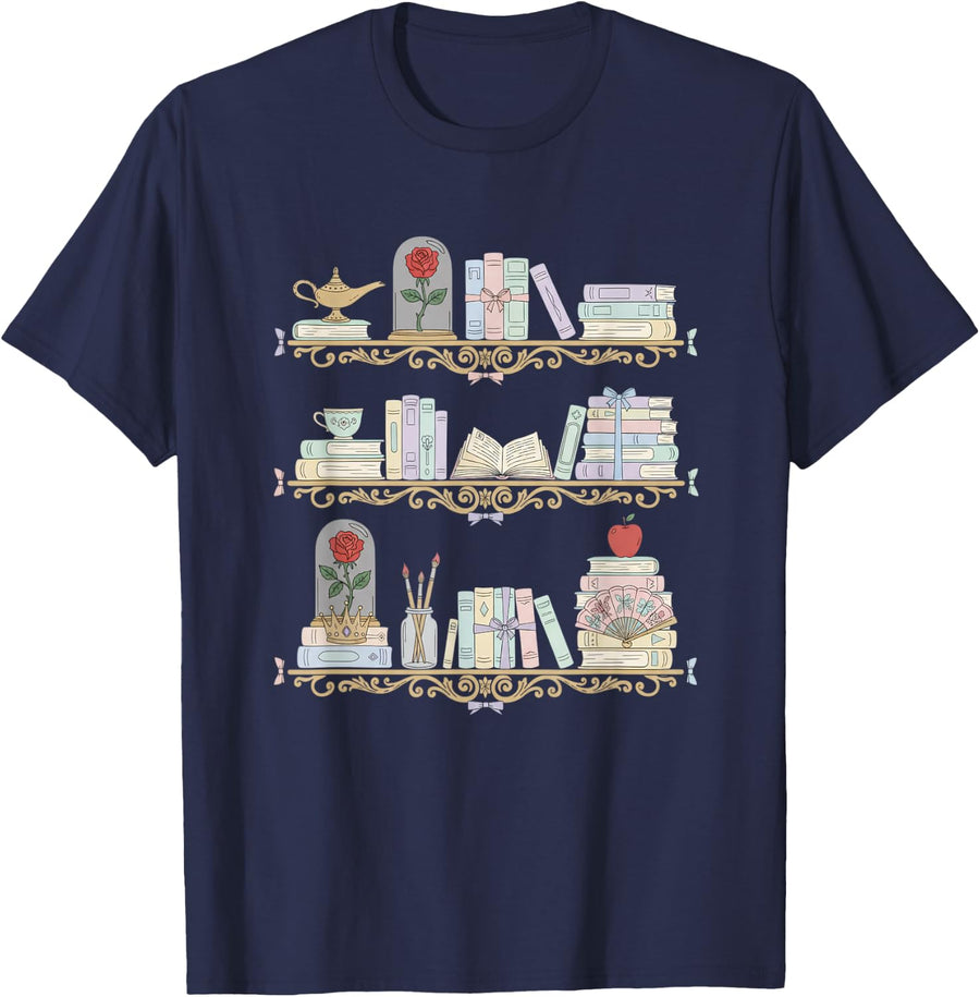 Belle Inspired Book Shelf Art Rose Book Lover for Women T-Shirt - Navy Blue