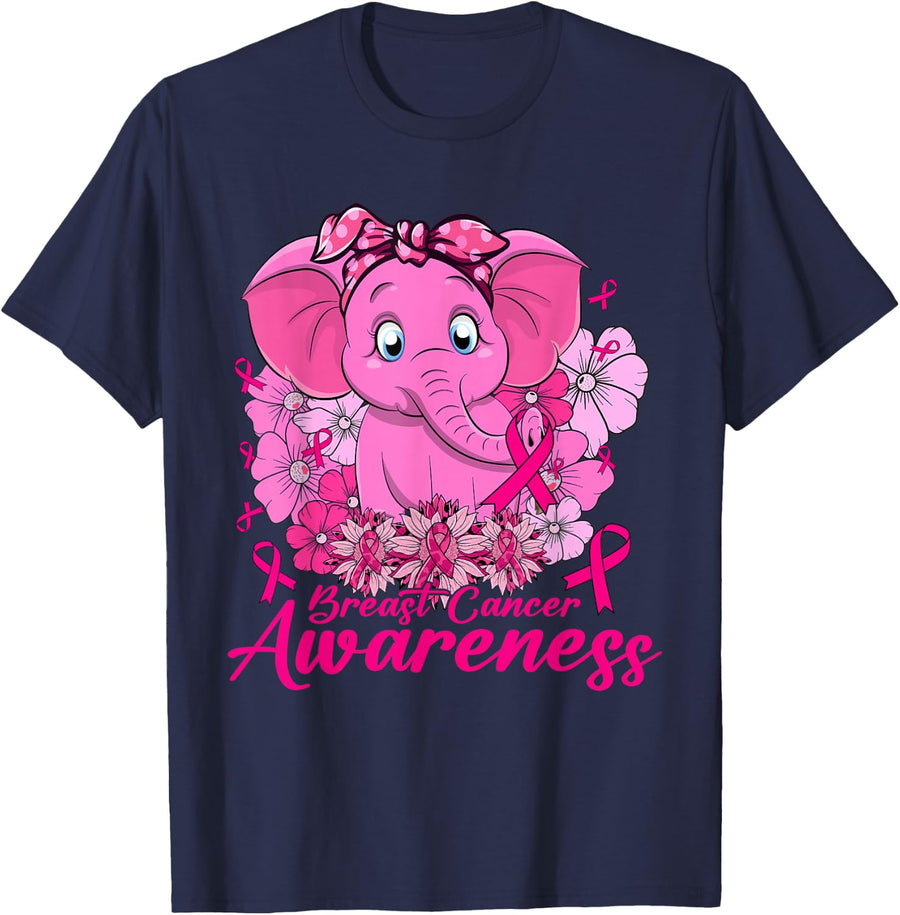 Breast Cancer Awareness Elephant Floral Pink Ribbon Flower T-Shirt - Navy Blue