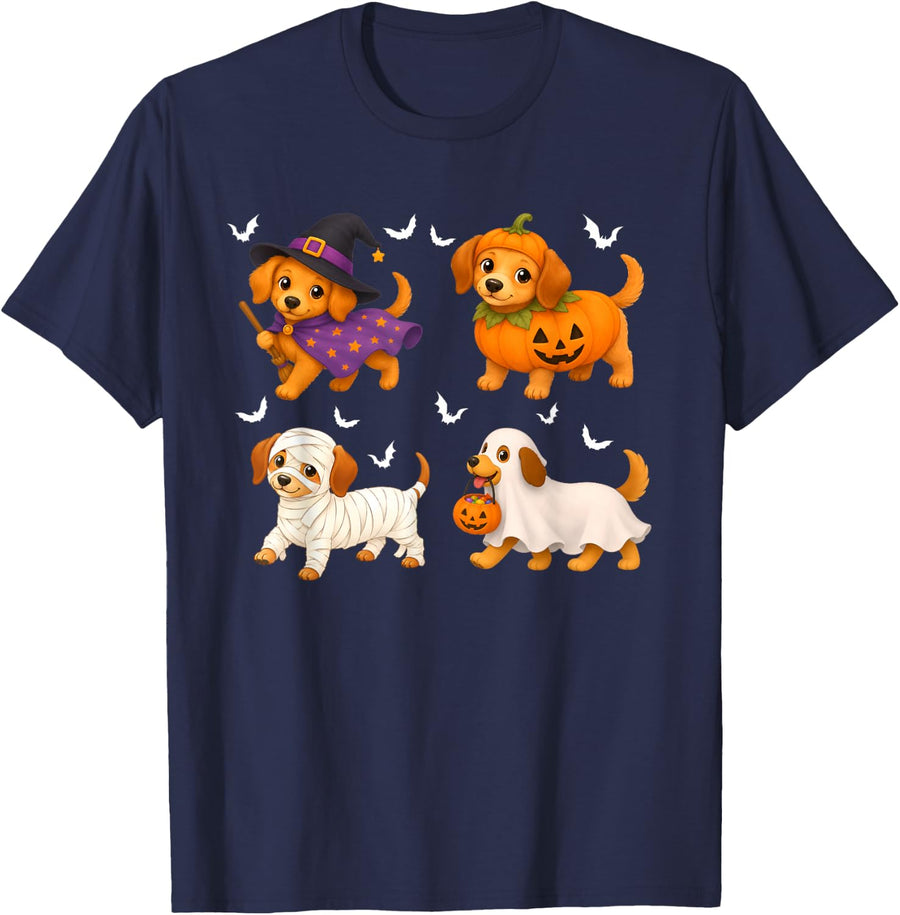Funny Spooky Dogs Ghost Witch Pumpkin Halloween Costume T-Shirt - Navy Blue
