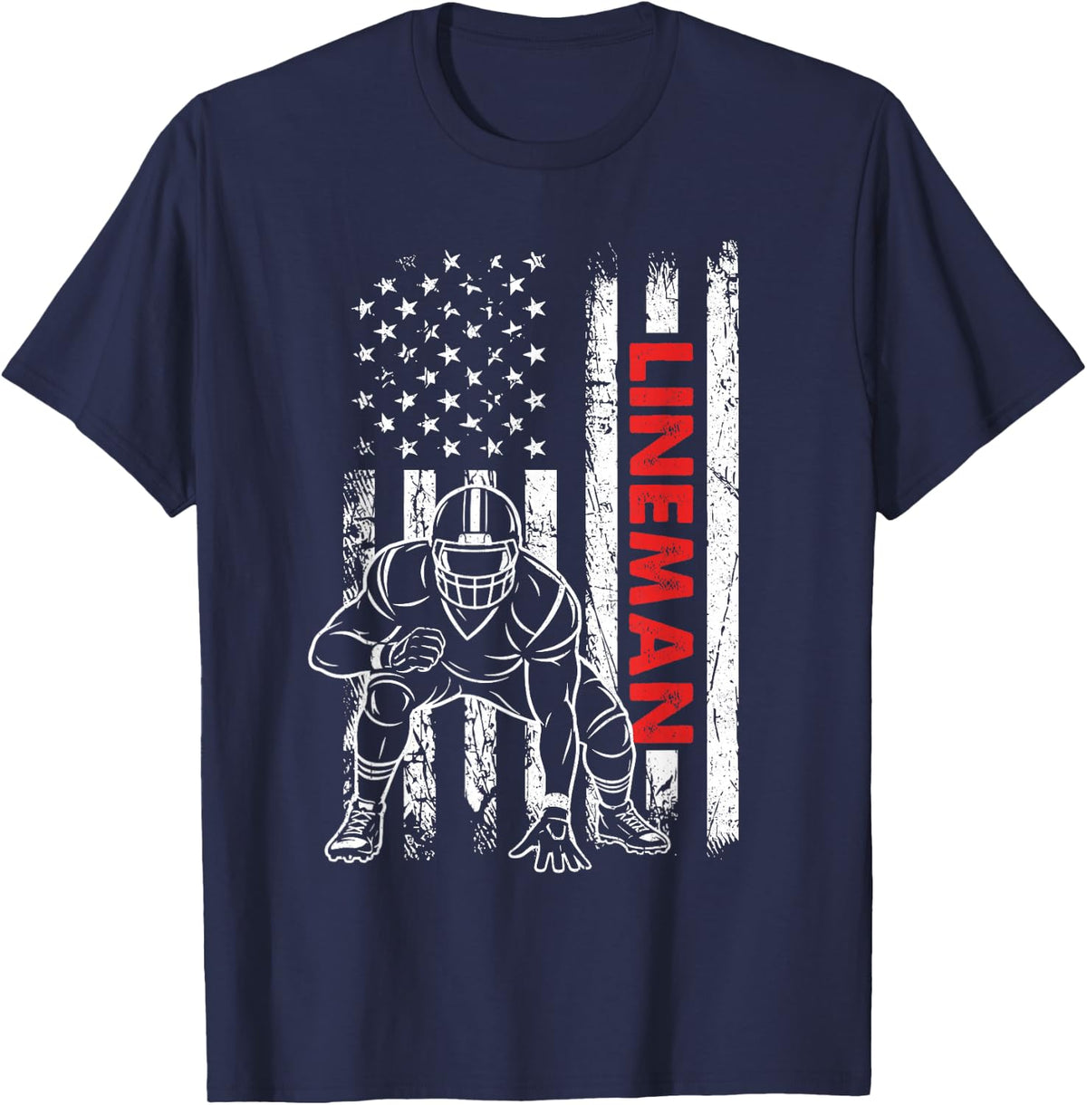 American Football Player Lineman US Flag Sports Fan Men Boys T-Shirt - Navy Blue