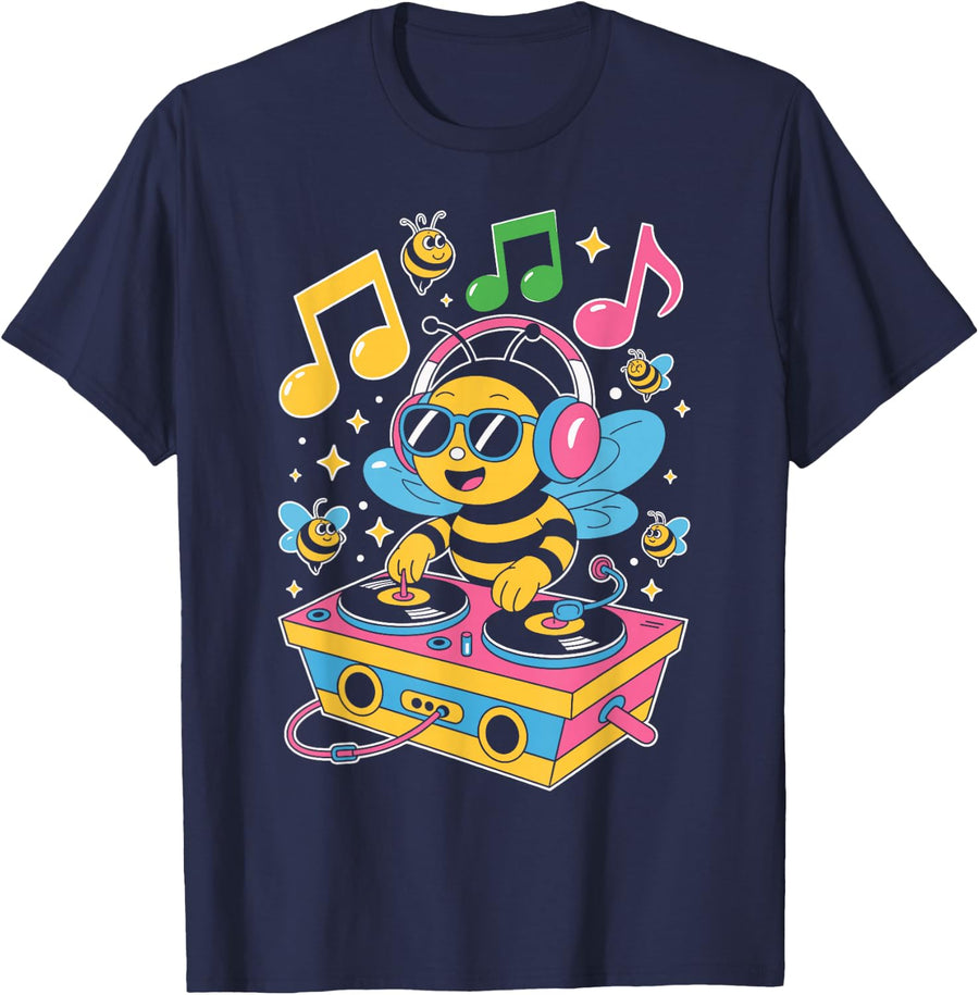 DJ Bee – Funny Music Lover Cartoon Design T-Shirt - Navy Blue