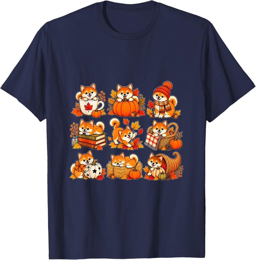 Shiba Inu Cute Autumn Pumpkin and Fall Leaves Art T-Shirt - Navy Blue