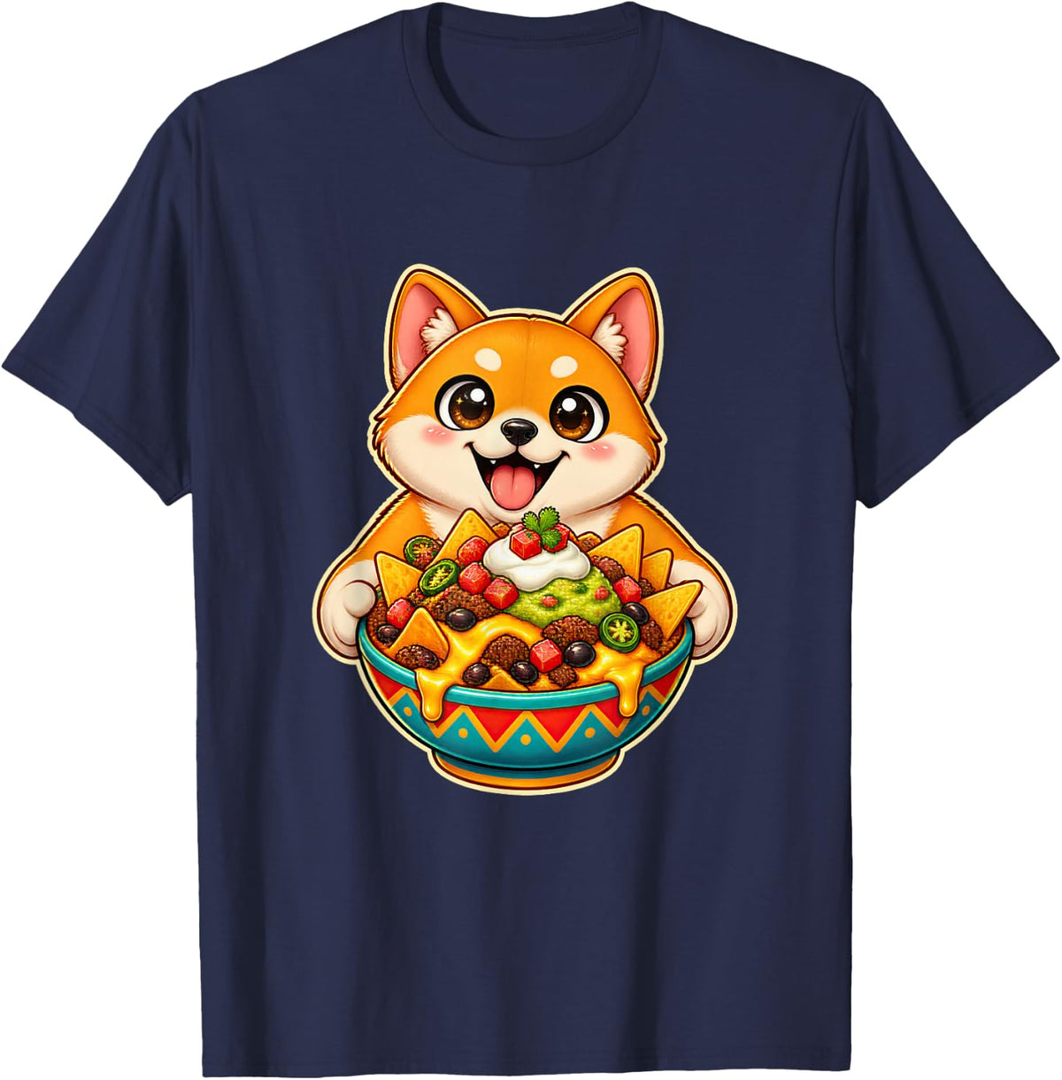 Shiba Inu Holding a Loaded Nacho Bowl T-Shirt - Navy Blue