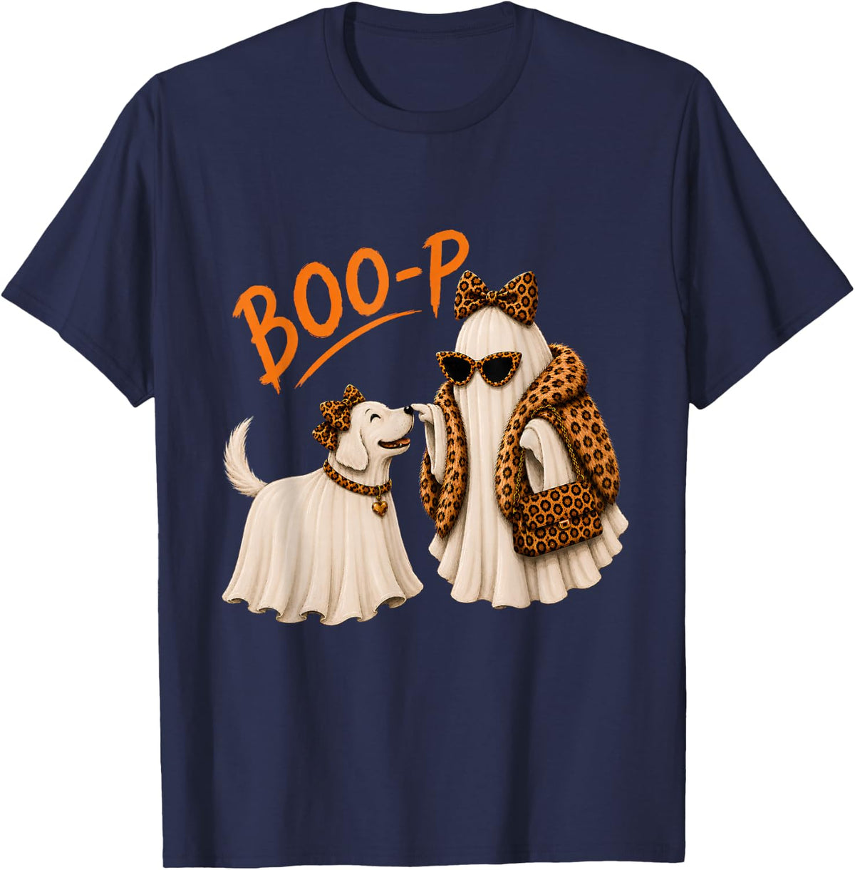 BooP Ghost Dog Halloween Leopard Funny Dog Lovers Women T-Shirt - Navy Blue