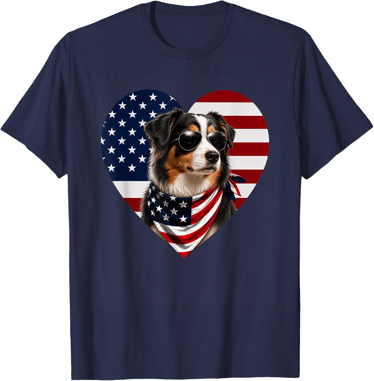 Mini American Shepherd American Flag Dog USA Pride T-Shirt - Navy Blue
