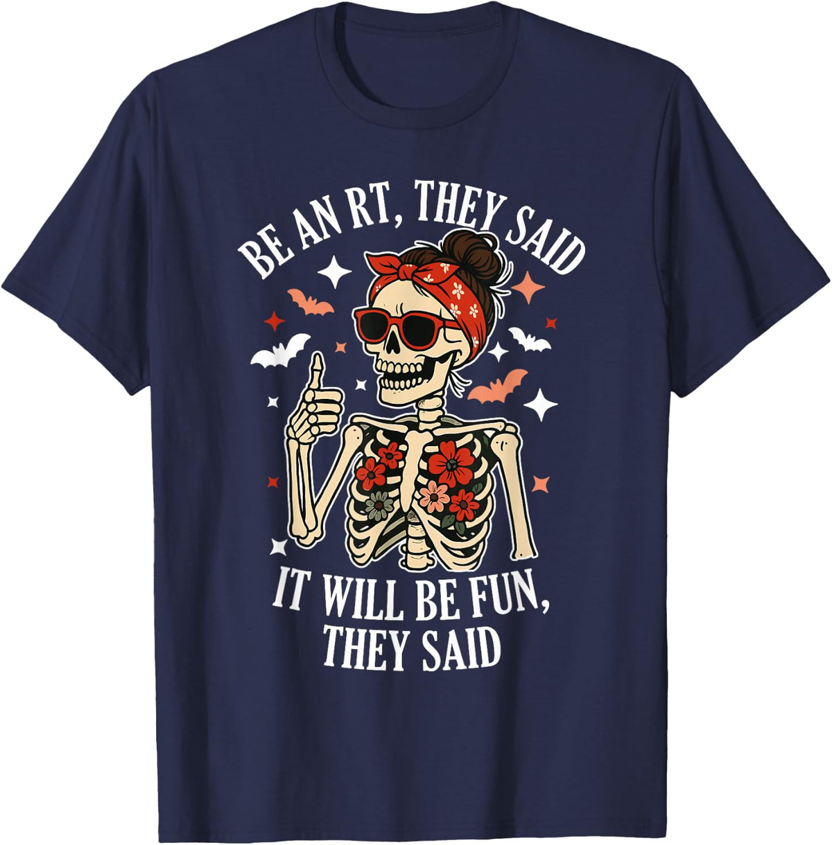 Spooky RT Nurse Halloween Respiratory Therapy Crew T-Shirt - Navy Blue