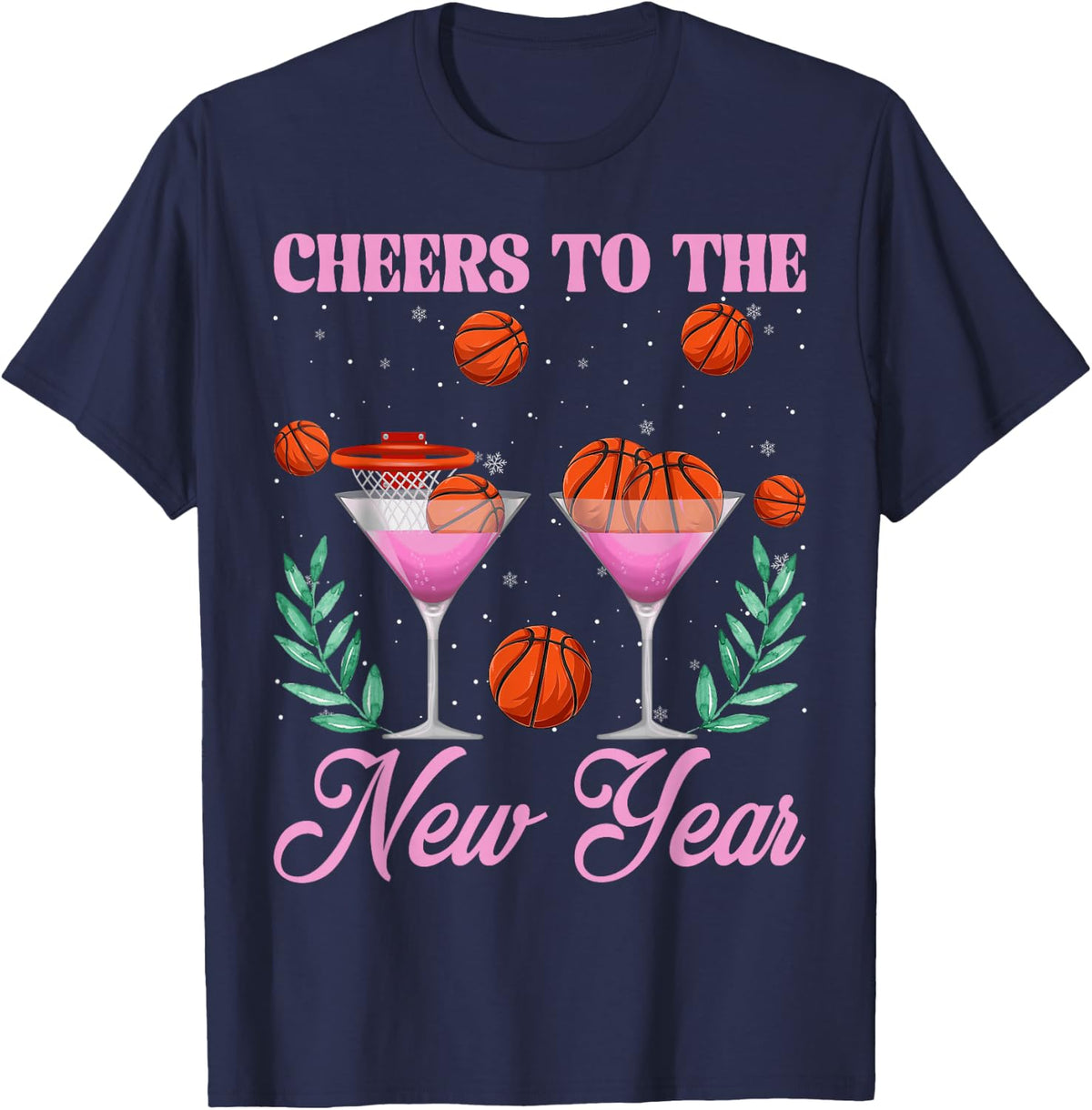 Cheers to The New Year Champagne Glass & Basketball NYE 2026 T-Shirt - Navy Blue