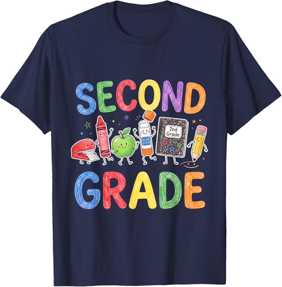 Cute Second Grade Teacher Preppy Back to School Crayon T-Shirt - Navy Blue