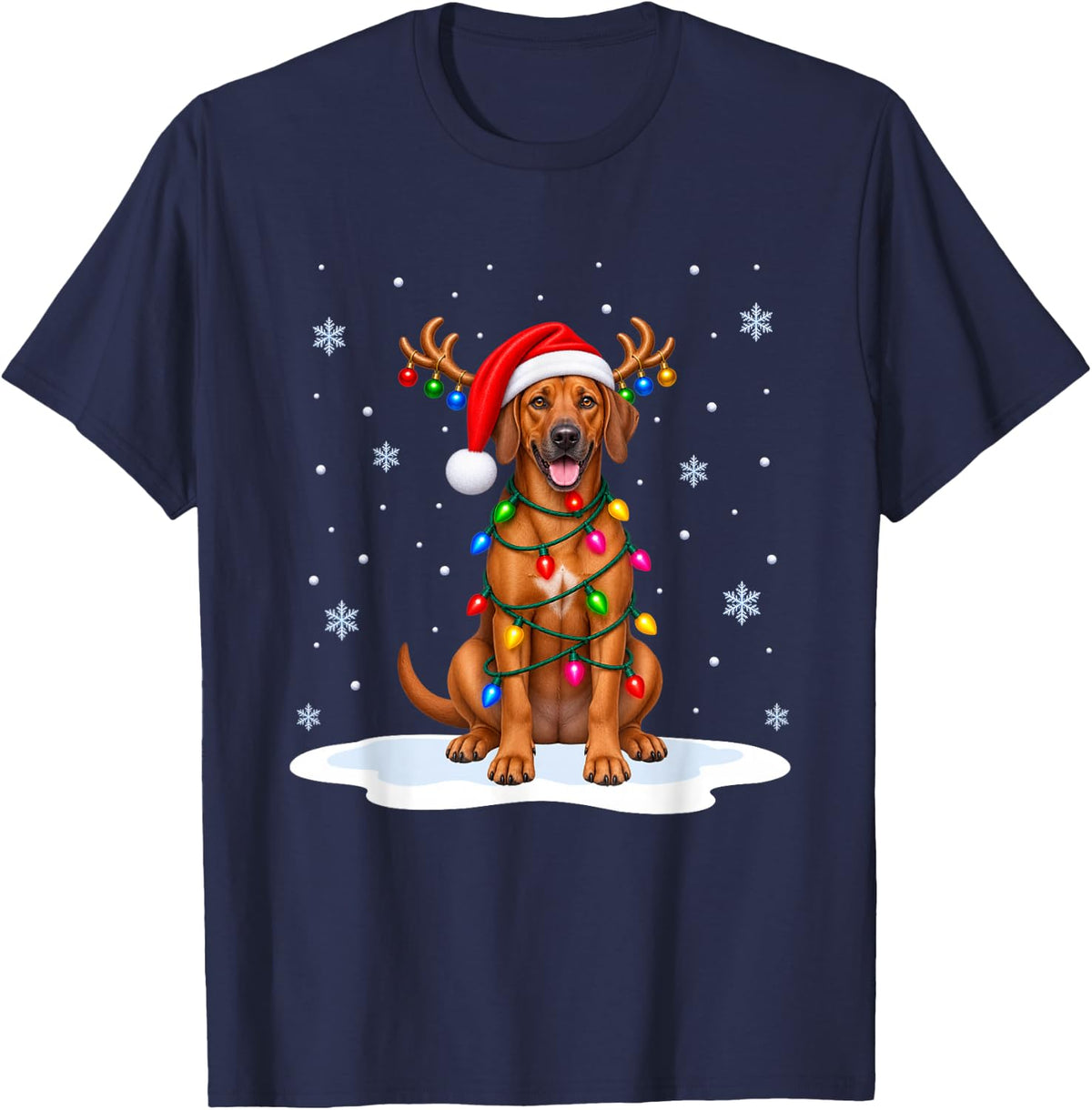 Rhodesian Ridgeback Christmas Tree Lights Xmas Pet Dog Lover T-Shirt - Navy Blue