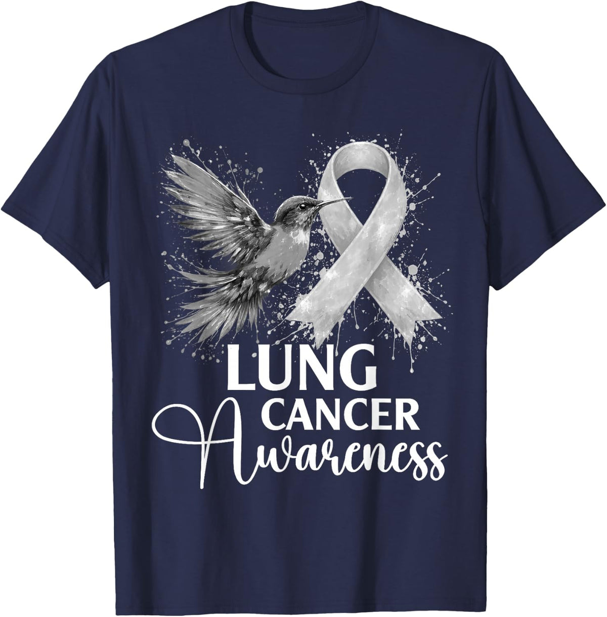Hummingbird Lung Cancer Awareness Colorful T-Shirt - Navy Blue