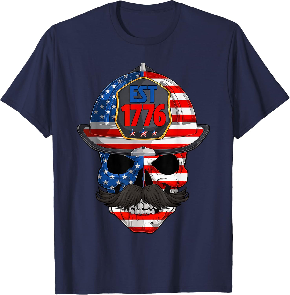 4th of July Retro Skull Firefighter USA American Flag Men T-Shirt - Navy Blue